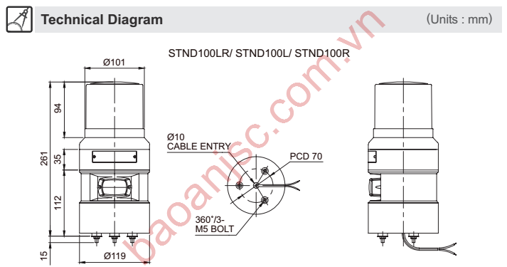 Bản vẽ kích thước đèn còi cảnh báo Qlight STND100R series 