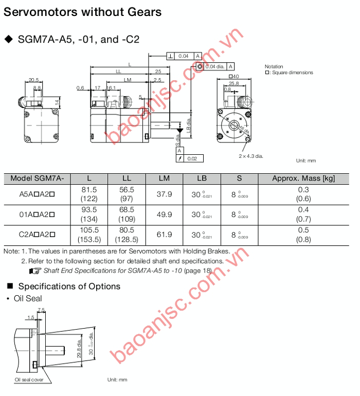 Bản vẽ kích thước Động cơ Servo Yaskawa SGM7A Sigma 7 series
