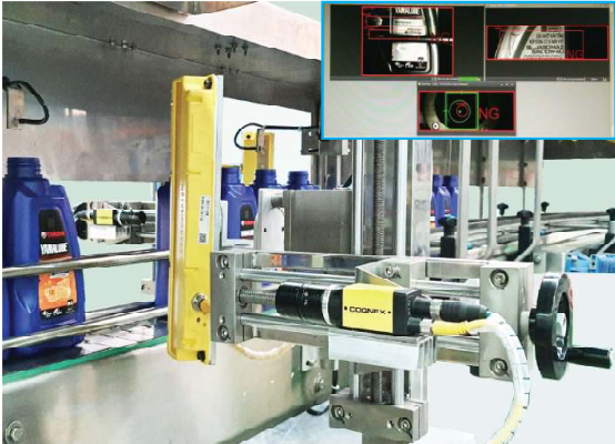 Hệ thống kiểm tra nắp và tem nhãn chai dầu động cơ - Bảo An Automation chế tạo