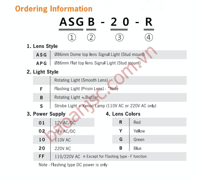 Sơ đồ chọn mã đèn tín hiệu autonics ASG/APG series