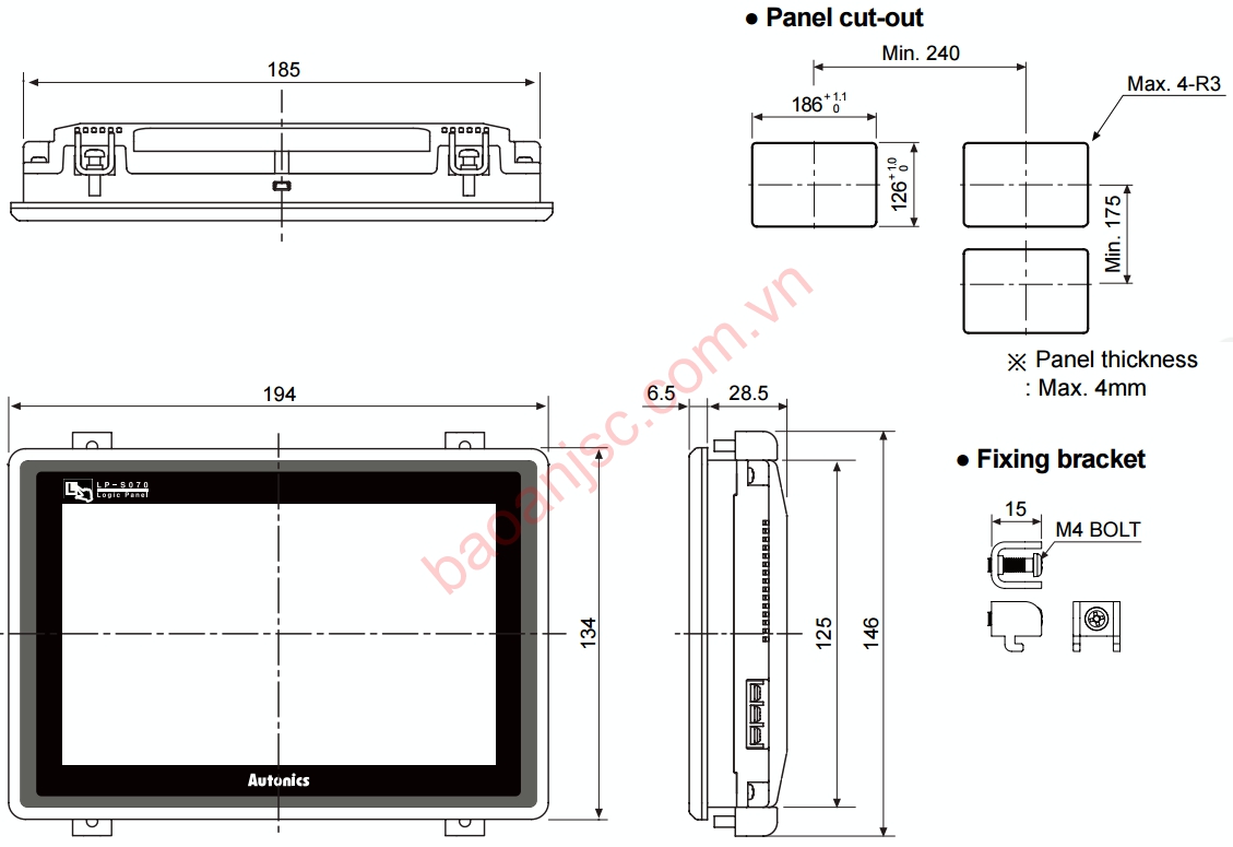Bản vẽ kích thước màn hình logic Autonics LP-S070 series