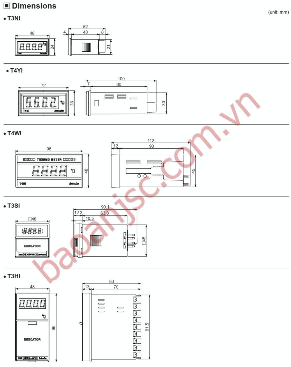 Bản vẽ kích thước Bộ điều khiển nhiệt độ loại hiển thị nhiệt độ Autonics T3/T4 Series