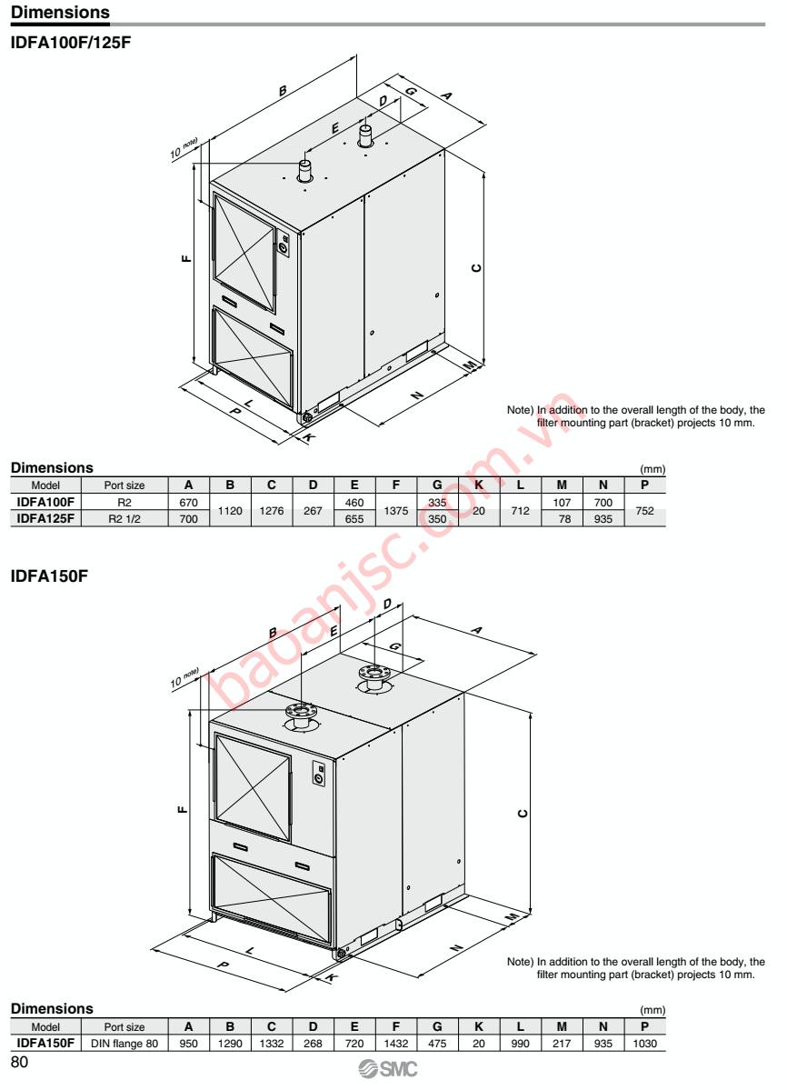 Bản vẽ kích thước máy sấy khí SMC IDFA-F Series