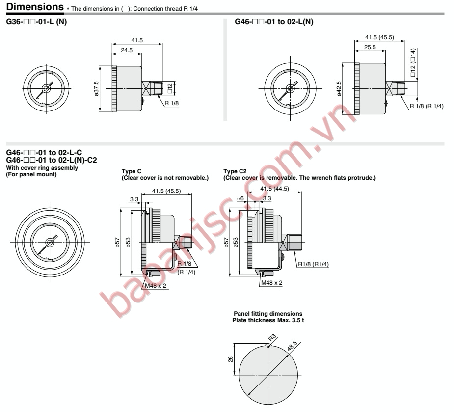 Bản vẽ kích thước Đồng hồ áp suất SMC G36-L/G46-L series