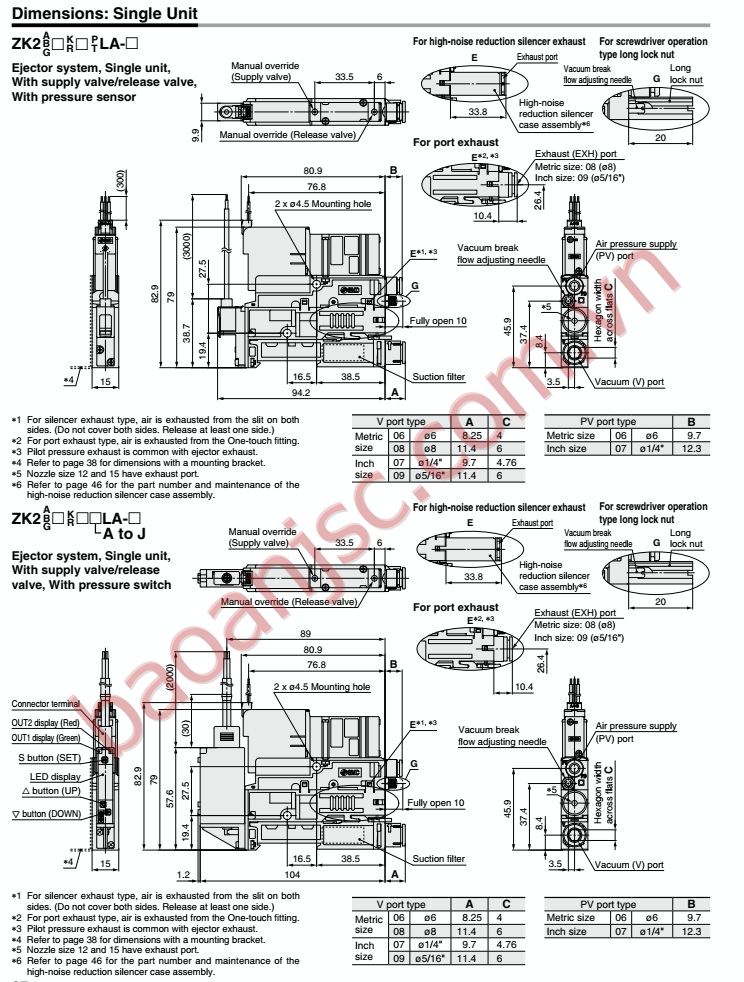 Dimensions SMC vacuum unit ZK2□A series