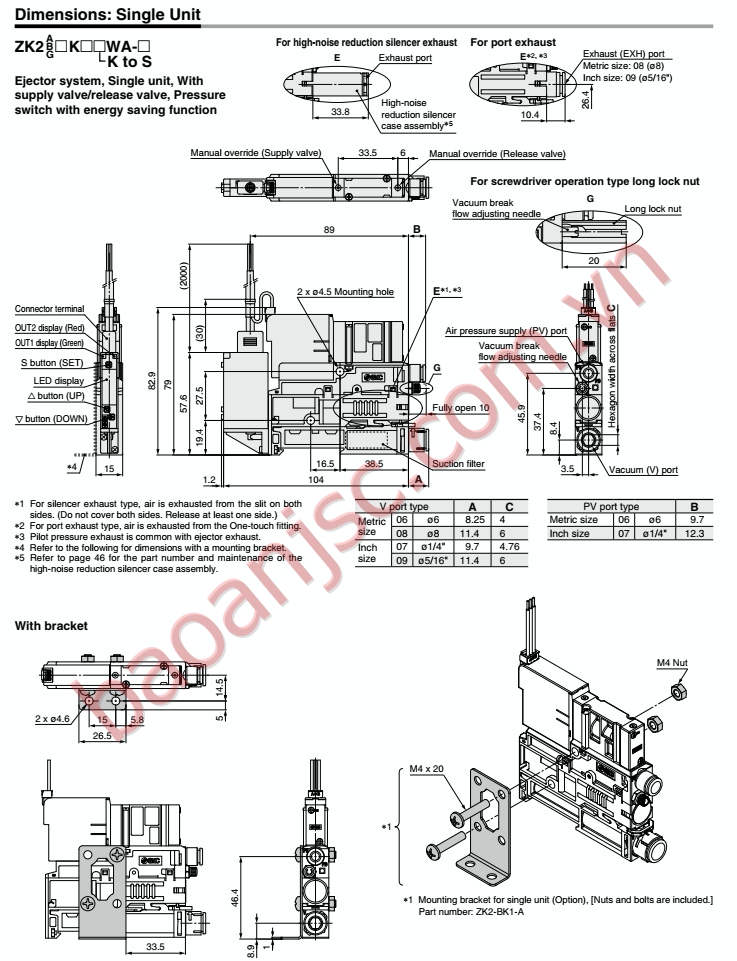 Dimensions SMC vacuum unit ZK2□A series