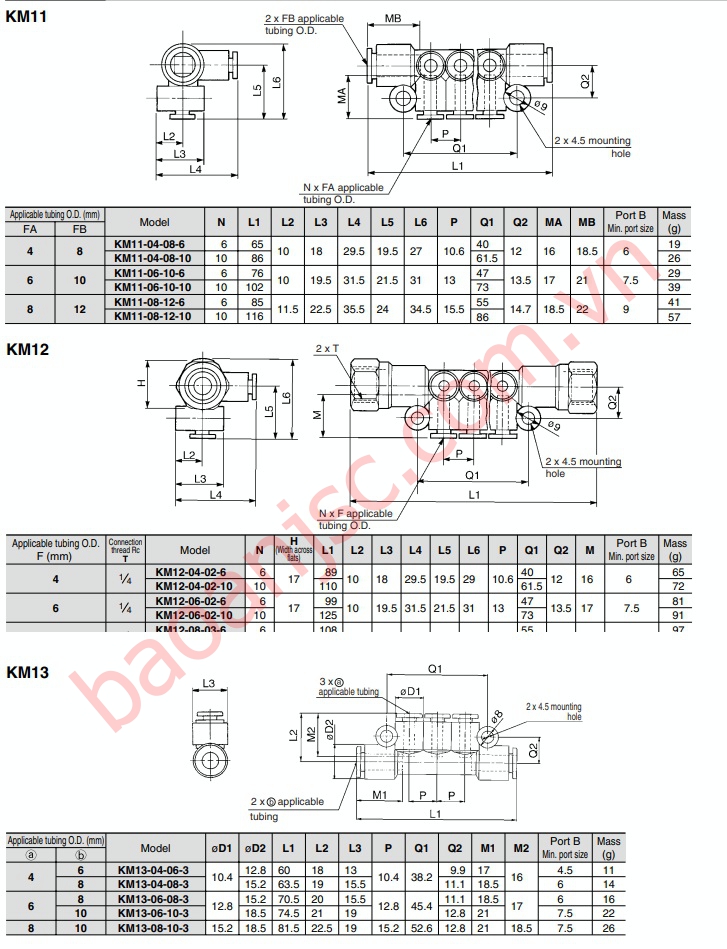 Bản vẽ kích thước Đầu nối khí SMC KM Series