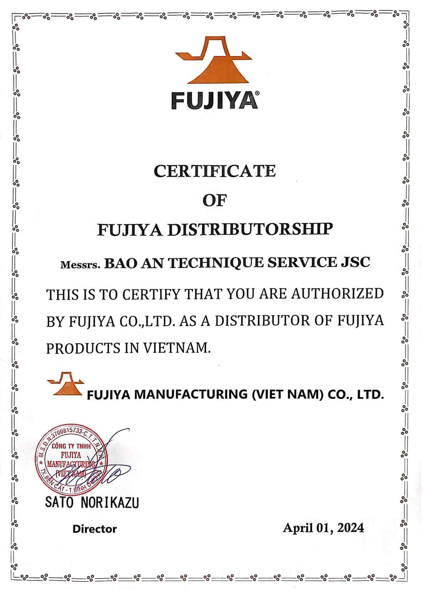 Giấy chứng nhận phân phối Fujiya