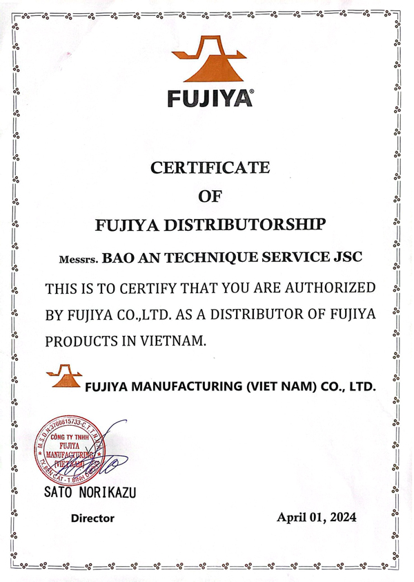 Giấy chứng nhận nhà phân phối dụng cụ Fujiya 