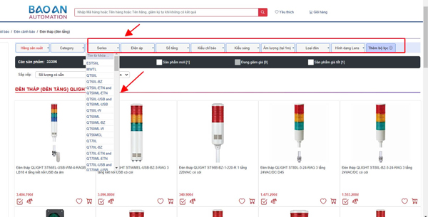 Hoặc nhấp vào nhóm sản phẩm bạn quan tâm rồi chọn series và mã hàng cần tìm.
